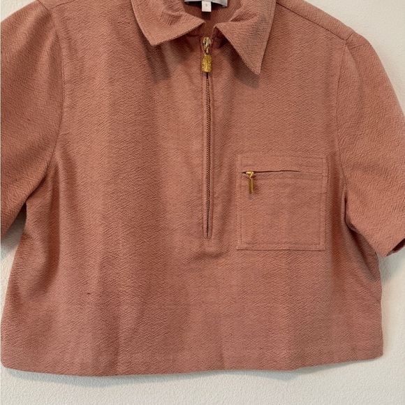 Lucy Folk Dusty Rose Pink Textured Short Sleeve Cropped Quarter Zip Top Small - Picture 10 of 17